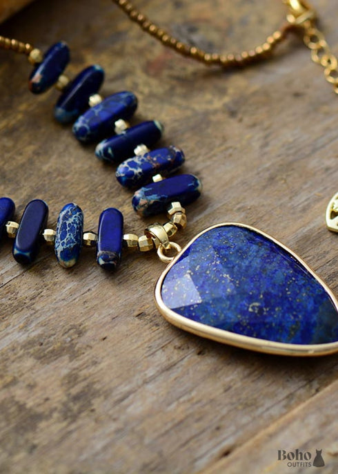 Boho Necklace, Heart Lapis Pendant Necklace